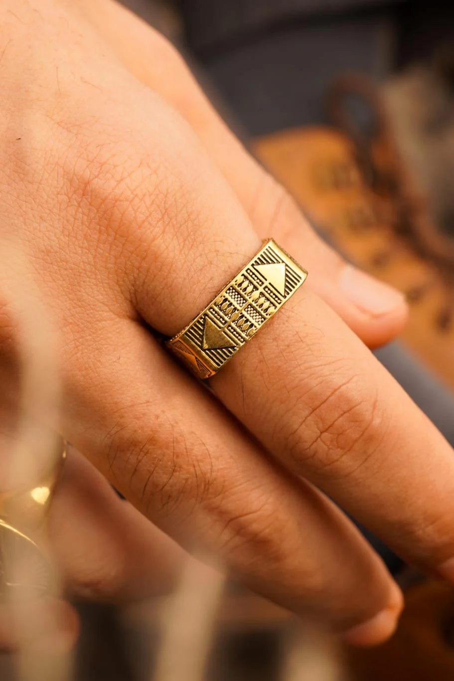 Aztec brass ring- men’s jewellery- adjustable. Size 7-9