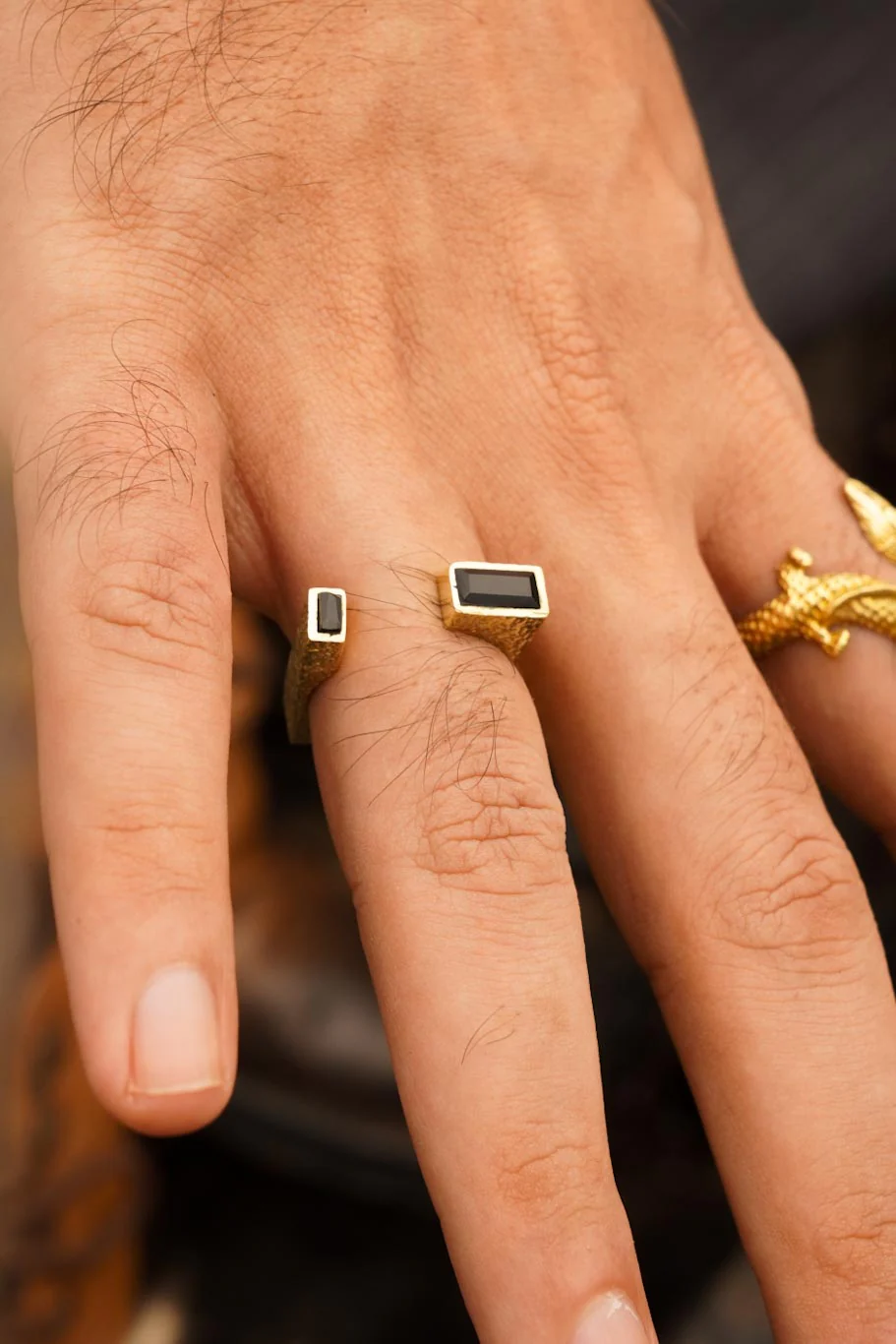 Open square black agate brass ring- men’s jewellery size 6-7